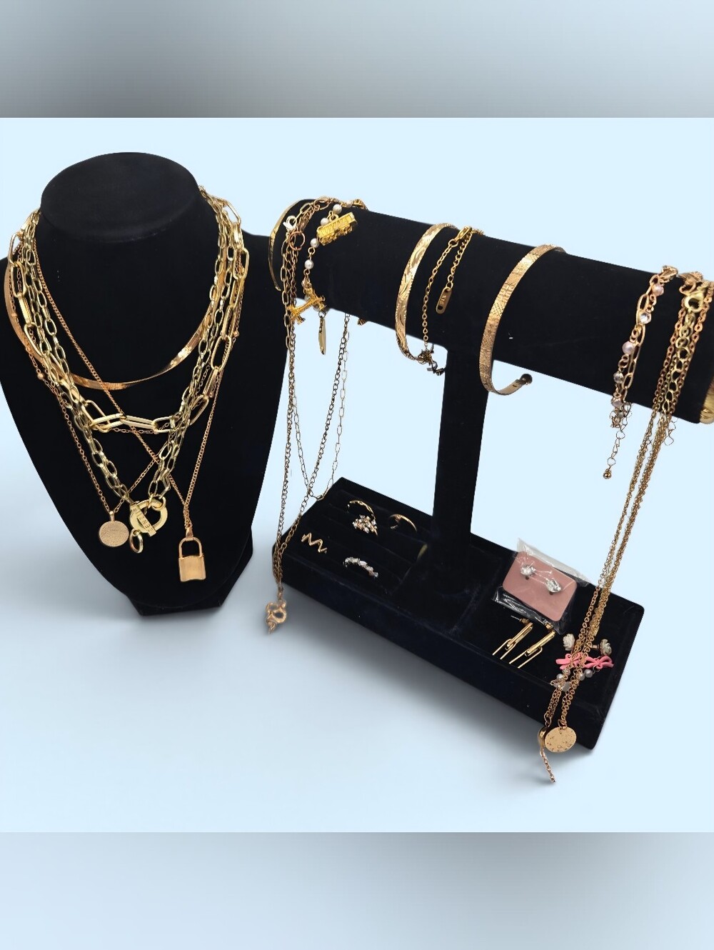 Elegant Gold-Tone Jewelry Collection: Layered Necklaces, Bracelets & Rings Set